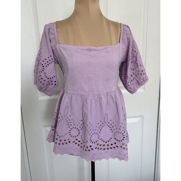 Walter Baker Novalee Top Lavender Eyelet Square Neck Short Puff Sleeve - Picture 3 of 16